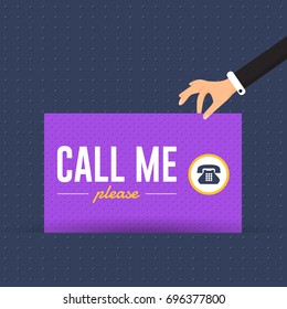 Flat Style Call Me Please Message Card Design. Vector Hands Hold Signboard Illustration