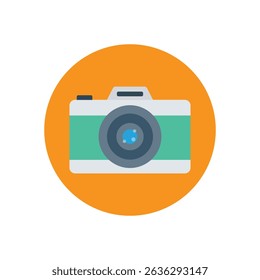 Flat style camera icon with a green and gray body on an orange circular background. Ideal for photography, media, app UI, or content creation themes in digital and print designs.