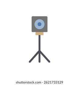 A flat style camera on a tripod against a White Background. Clean design and simple shapes are used.