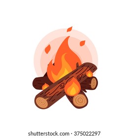 Flat style camp bonfire. Stylish camping cozy fire in warm brown, orange and yellow colors on a white background