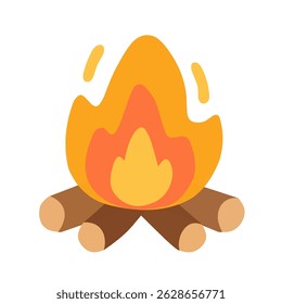 Flat style campfire illustration featuring warm flames and wooden logs. Perfect for camping designs, autumn themes, outdoor adventure graphics, or cozy lifestyle content. 