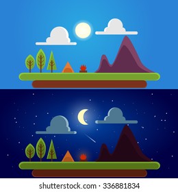 Flat Style Camping Vector Illustration.  Beautiful Forest and Mountains Background