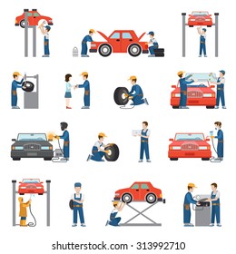 Flat style car repair service tire fitting diagnostics vehicle painting welding lift window replacement spare parts worker stuff at work icon pack set. Transport business services objects collection.