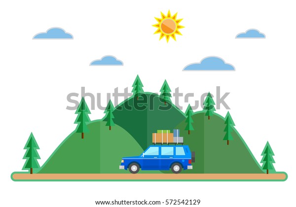 Flat style car\
summer trip background. Travel SUV and sun,clouds, mountains with\
trees.  Vector\
illustration