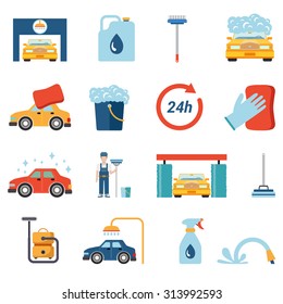 Flat style car wash cleaning service icon set. Wax foam detergent shower water shampoo vacuum cleaner worker stand conceptual icons.