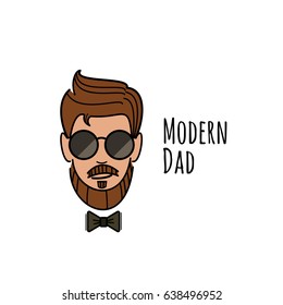 Flat style card, postcard, background for happy fathers day. Happy fathers day cover with colorful mustache.