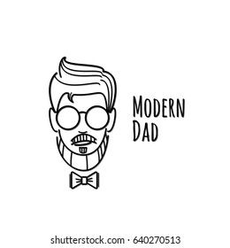 Flat style card, postcard, background for happy fathers day. Happy fathers day cover with mustache, father, man face, text space, banner