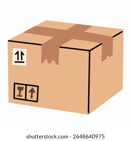 Caixa de papelão de estilo plano com ícones frágeis e deste lado para cima, selados com fita marrom. Ideal para ilustrações de entrega, remessa ou comércio eletrônico.