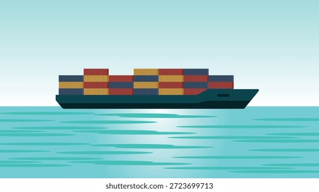 Barco de carga de estilo plano que lleva contenedores apilados a través del mar azul tranquilo ideal para el comercio de logística de envío global importación exportación transporte marítimo conceptos comerciales