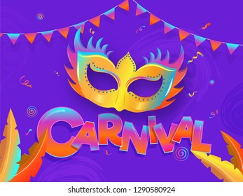 Flat style carnival poster or banner design with illustration of party mask on purple background.