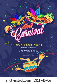 Flat style carnival template or flyer design with party masks, maracas and drum on blue background.