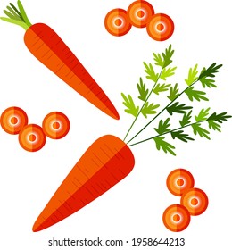 Flat style of carrots set for banners, flyers. Whole carrot. Slice carrot. Carrot with tops. Fresh organic and healthy, diet, vegetarian vegetables. Vector illustration isolated on white background.