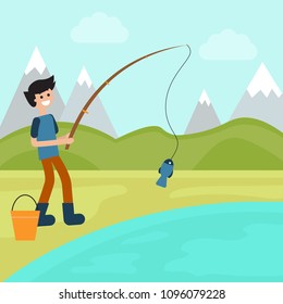 Flat style cartoon boy with fishing rod fishing on the lake