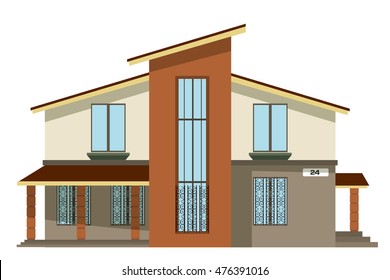 Flat style. Cartoon building. Modern two-storey private house with a sloping roof on a white background. Isolate. Icon Building. Element for the site estate agency. Symbol of wealth and success. 