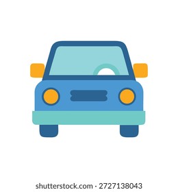 Ilustración plana del coche de la historieta del estilo en vista delantera. Presenta colores azul claro y azul oscuro sobre un fondo blanco.