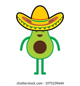 Flat style cartoon character of avocado wearing Mexican hat for the mascot.