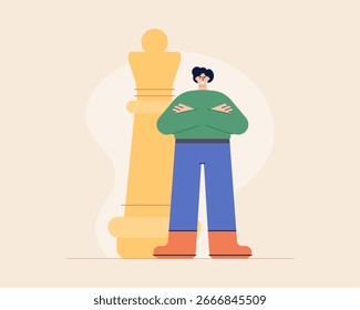 Flat style cartoon character with chess pieces. Business strategy concept. Vector flat cartoon style.