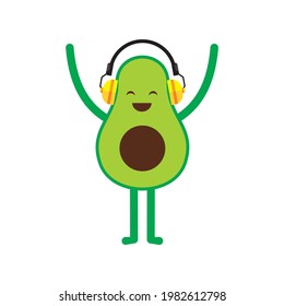 Flat style cartoon character of funny avocado wearing headphones.