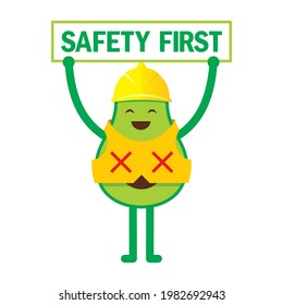 Flat Style Cartoon Character Of Funny Avocado Wearing A Vest, Yellow Hardhat And Hold The Board With Safety First Text.