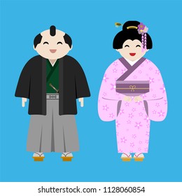 flat style cartoon character smiling japanese man and woman in tradition costume on blue background vector 
