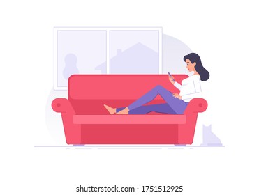 Flat style cartoon character woman using smartphone on sofa vector illustration. Casual female chilling on red sofa near window and browsing social media on mobile phone on white background