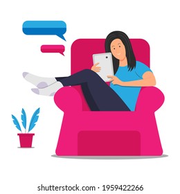 Flat style cartoon character woman using smartphone on vector illustration. Casual women relax on red sofas and explore social media on smart phones, ponsel tablet.