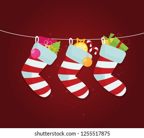  Flat style cartoon Christmas sock with candies, gifts. Vector