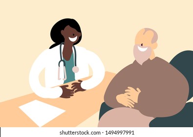 Flat style cartoon cute character, elderly caucasian man on wheelchair getting medical advice from african american female doctor, communication, healthcare. Hand drawn vector illustration.