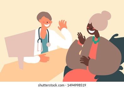 Flat style cartoon cute character, elderly african american woman on wheelchair getting medical advice from doctor at the office, communication, happy active lifestyle. Hand drawn vector illustration.