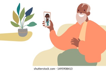 Flat style cartoon cute character, elderly middle aged man getting medical advice from a doctor using video call on phone. Technology, healthcare. Hand drawn vector illustration.