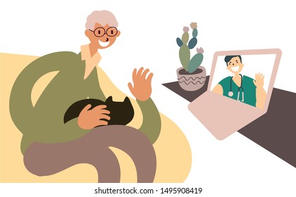 Flat style cartoon cute character, elderly middle aged man getting medical advice from a doctor using video call on laptop. Technology, healthcare. Hand drawn vector illustration.