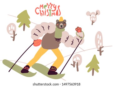 Flat style cartoon cute character bear dressed in warm clothes skiing in the mountains. Outdoor winter activity, Merry Christmas card. Hand drawn vector illustration.