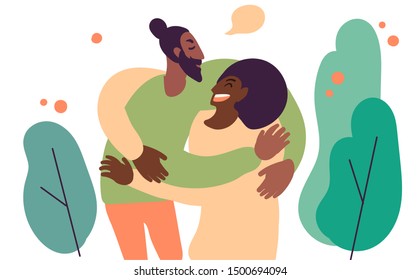Flat style cartoon cute character, african american couple hug. Hand drawn vector illustration.
