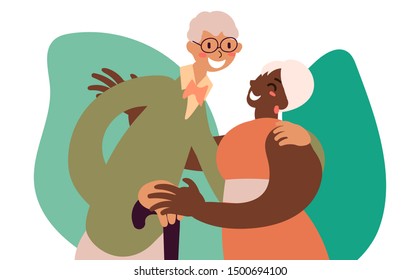 Flat style cartoon cute character, african american and caucasian elderly couple of people friends family spouse hug. Using cane. Hand drawn vector illustration.