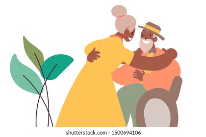 Flat style cartoon cute character, african american elderly couple of people friends family spouse hug. Wheelchair, care. Hand drawn vector illustration.