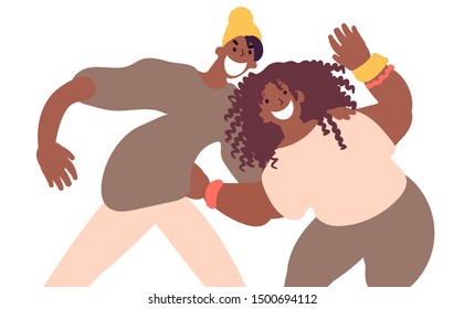 Flat style cartoon cute character, african american couple people hug. Hand drawn vector illustration.