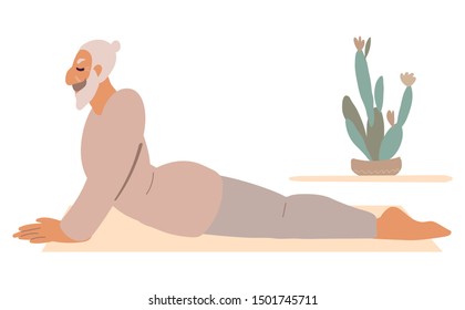 Flat style cartoon cute character, elderly middle aged man doing yoga on the mat surrounded by home plants. Healthcare, wellbeing, exercise concept. Flat minmal vector illustration.