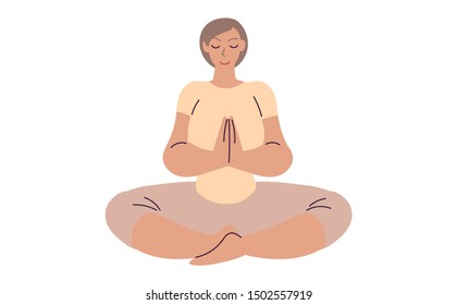 Flat style cartoon cute character, woman doing meditation in yoga pose. Healthcare, wellbeing, exercise, stress relief concept. Minimal vector illustration.
