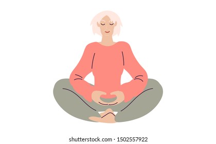 Flat style cartoon cute character, elderly middle aged woman doing meditation in yoga pose. Healthcare, wellbeing, exercise concept. Minimal vector illustration.
