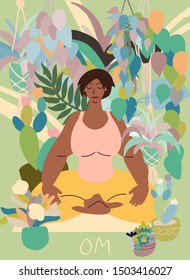 Flat style cartoon cute character, african american woman doing meditation in yoga pose at home surrounded by plants. Healthcare, wellbeing, exercise, stress relief. Minimal vector illustration.