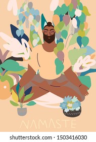 Flat style cartoon cute character, african american man doing meditation in yoga pose at home surrounded by plants. Healthcare, wellbeing, exercise, stress relief concept. Minimal vector illustration.