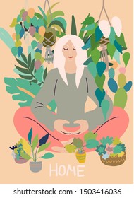 Flat style cartoon cute character, woman doing meditation in yoga pose at home surrounded by plants. Healthcare, wellbeing, exercise, stress relief concept. Minimal vector illustration.