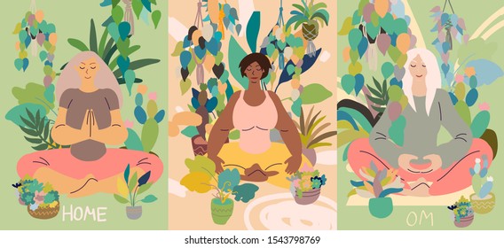 Flat style cartoon cute character, diverse women doing meditation in yoga pose at home surrounded by plants. Healthcare, exercise, stress relief concept. Minimal vector illustration card set.