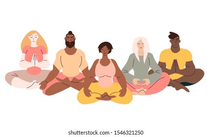 Flat style cartoon cute character, diverse group of people doing meditation in yoga pose. Healthcare, wellbeing, exercise, stress relief concept. Minimal vector illustration.