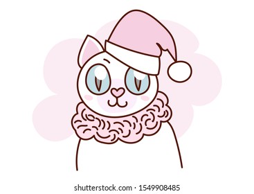 Flat style cartoon cute character animal cat in winter clothes. Minimal vector illustration, merry Christmas card.