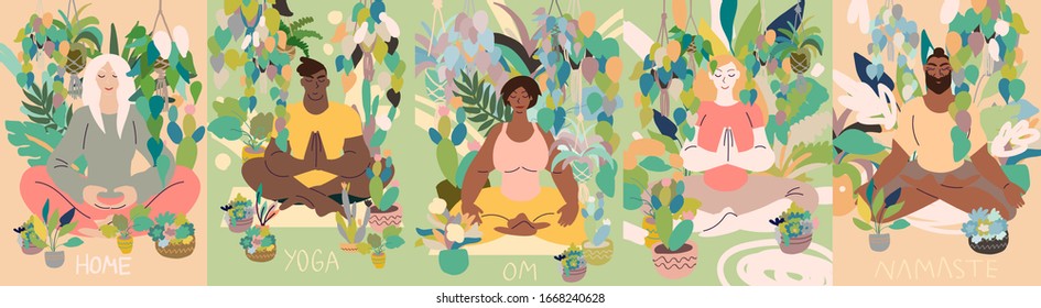 Caricatura plana tierno, mujer haciendo meditación en yoga posan en casa rodeada de plantas. Salud, bienestar, ejercicio, concepto de alivio del estrés. Ilustración vectorial mínima.