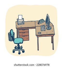 Flat Style Cartoon Design Concept of Creative Office Workspace. Office Things, Objects and Equipment for Workplace Design. Vector Illustration