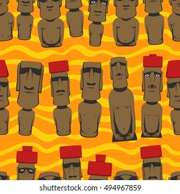 Flat style Cartoon Easter Island Rapa Nui seamless background with Moai, seamless pattern