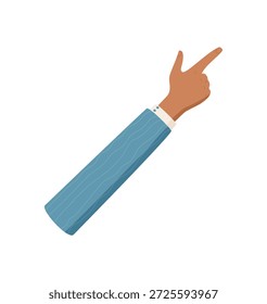 Flache Cartoon Handgeste mit zwei erhobenen Fingern. Menschliche Handzahl Nummer zwei mit sichtbarer Handfläche. Armsignal mit blauer Ärmeln, einzelne Grafik für den Unterricht oder die professionelle Nutzung.