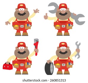 Flat Style Cartoon Illustration Of African American Mechanic Character 6.  Vector Collection Set 